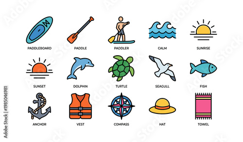 Colorful outdoor adventure icons featuring paddleboard and marine life