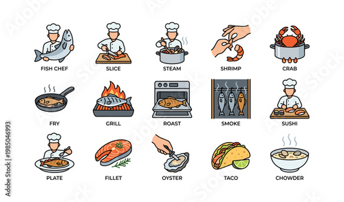 Culinary icons: fish chef, grilling, sushi, frying, tacos illustrations