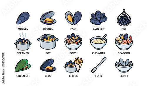Variety of mussel illustrations: cooking styles and types of shells