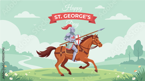 Illustration of a knight on horseback riding with a sword on St. George's Day against a scenic green landscape with clouds.