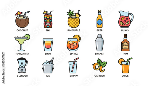 Colorful drink icons featuring tropical, alcoholic, and beverage elements