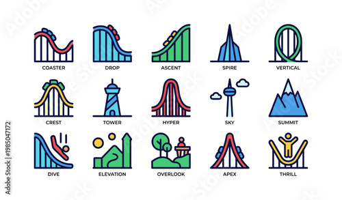 Colorful amusement park rides icons featuring roller coasters and ferris wheels