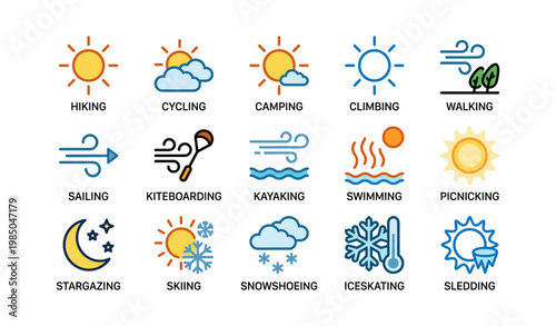 Outdoor adventure icons featuring hiking, cycling, camping, climbing, and more