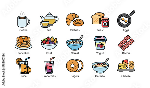 Breakfast icons set featuring coffee, tea, pastries, toast, eggs, pancakes, and more