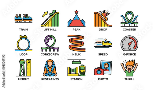 Roller coaster icon set featuring train, peak, coaster, thrill, restraints