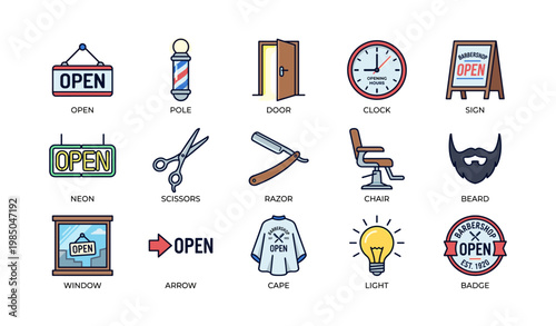 Barbershop icon set: signs, tools, and symbols for haircuts