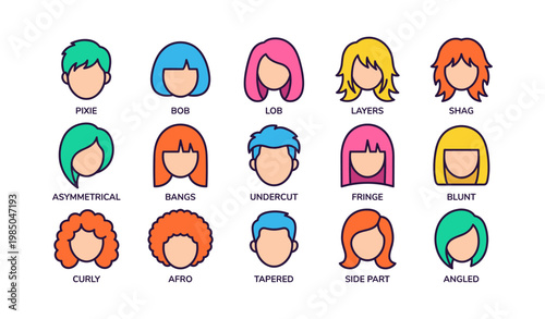 Colorful cartoon hairstyles chart featuring diverse cuts and styles