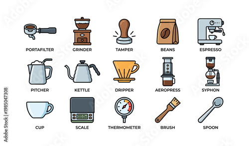 Collection of coffee brewing tools and equipment illustrations