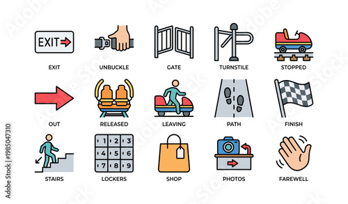 Amusement park icons displaying exit, gate, ride, and people activities