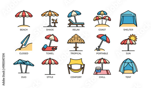 Beach icons collection: umbrellas, chairs, towels, and tents in vibrant colors