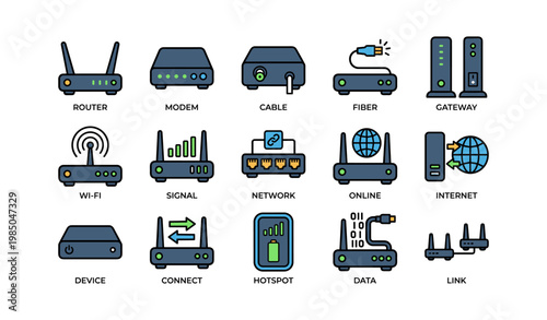 Network devices and connectivity icons: router, modem, gateway, wi-fi, signal