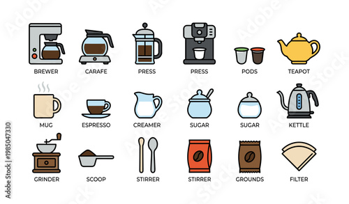 Coffee and tea essentials collection with brewing devices and accessories