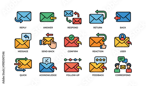 Colorful email icons: reply, answer, send back, confirm, feedback