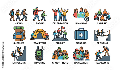 Outdoor activities and adventure icons featuring hiking, camping, teamwork, and exploration