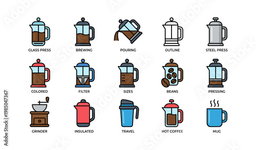 Collection of coffee brewing icons featuring french press and accessories