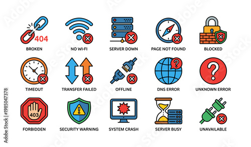 Colored icons representing various internet and server error messages
