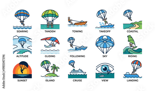 Paragliding and watersports icons: tandem, towing, coastal, island, sunset activities