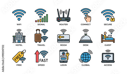Wifi connectivity icons set: router, signal, secure, travel, access