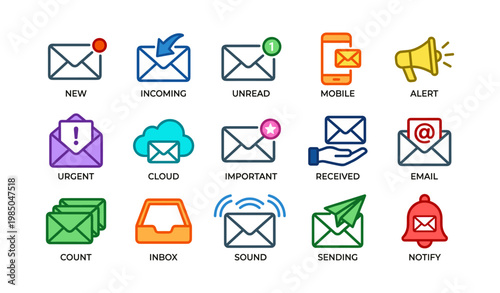 Colorful email icons representing various messaging states and actions