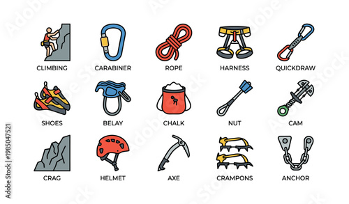 Essential climbing gear: harness, carabiner, rope, helmet, crampons explained