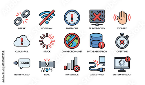Technology icons illustrating connectivity issues and system errors