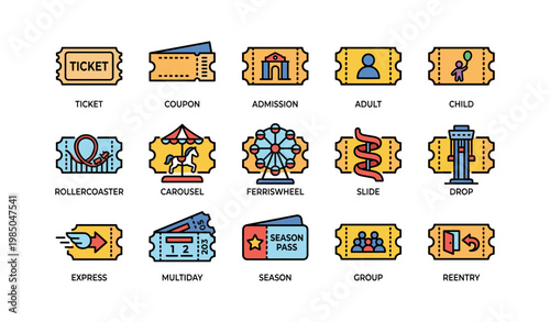 Amusement park tickets icons set featuring rides and admission types