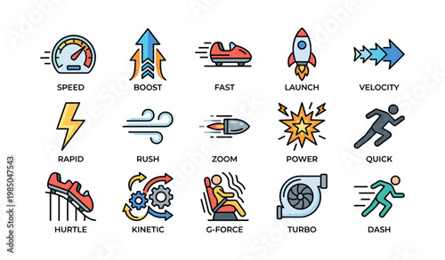Speed and motion icons featuring boost, velocity, and power