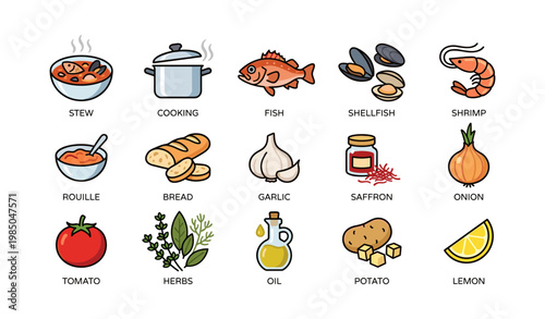 Assorted ingredients for seafood stew including shrimp, fish, and fresh vegetables