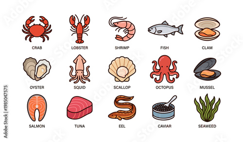 Assorted seafood icons: crab, lobster, shrimp, fish, shellfish, and more