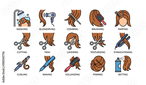 Hair care and styling techniques illustrated with tools and methods