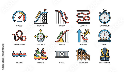 Roller coaster elements: speed, height, drop, duration, airtime icons