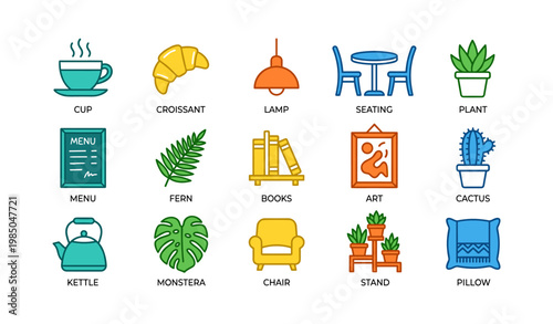 Collection of colorful cafe and home items: food, furniture, and plants