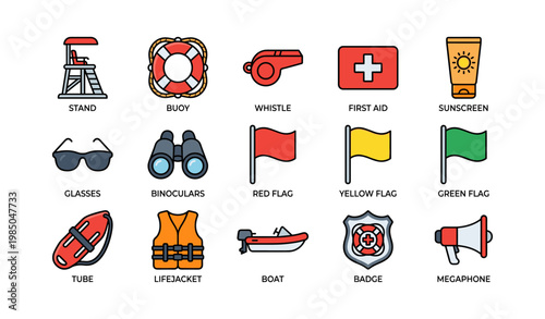 Lifeguard equipment icons: stand, buoy, whistle, flags, safety gear for water rescue