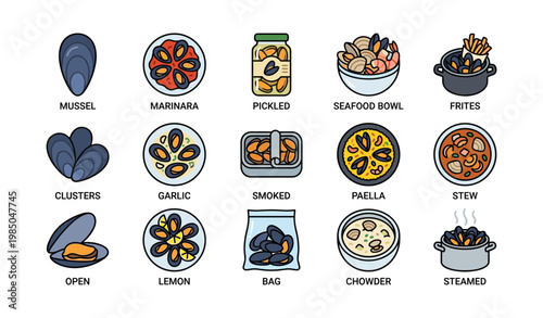 Assorted seafood dishes: mussel, marinara, pickled, seafood bowl, frites, clusters, garlic, smoked, paella, stew, lemon, chowder