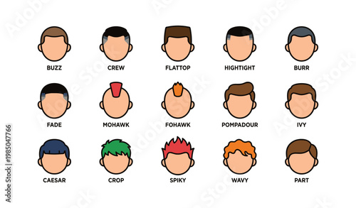 Illustrative male hairstyles collection featuring various popular cuts and styles