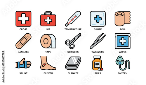 First aid kit essentials including cross scissors bandage pills and oxygen