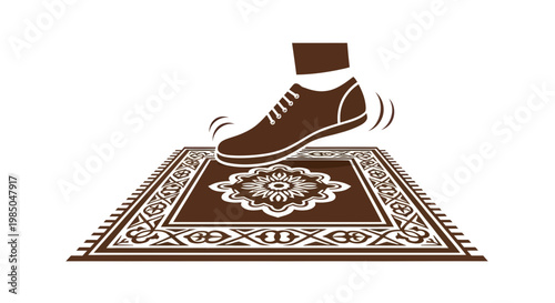 Shoe stepping on a prayer mat icon, Islamic carpet icon, Muslim worship symbol
