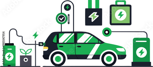 Electric Car Charging Station, Icons EV Plug, Battery, Charging  and Energy Symbols Vector