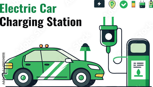 Electric Car Charging Station, Icons EV Plug, Battery, Charging  and Energy Symbols Vector