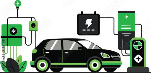 Electric Car Charging Station, Icons EV Plug, Battery, Charging  and Energy Symbols Vector