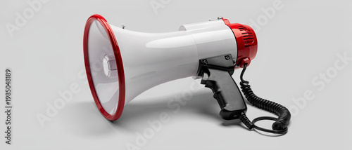A large white bullhorn with red accents on a gray background. Perfect for making announcements or giving directions at an event.