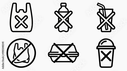 Symbols advocating against the use of plastic, focusing on environmental conservation and sustainability. It features a selection of icons representing items such as a plastic bag, bottle.