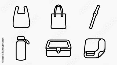Collection of eco-friendly and reusable items, designed with simple black outlines. A visually appealing representation of sustainable living