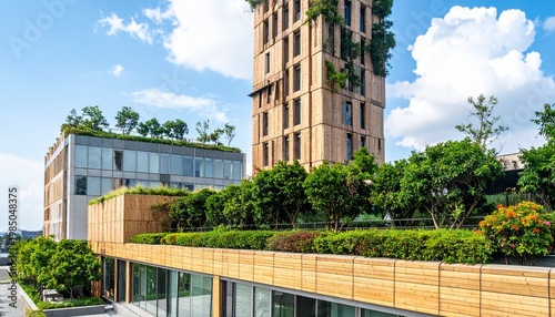 Modern sustainable office building with lush rooftop gardens and urban greenery