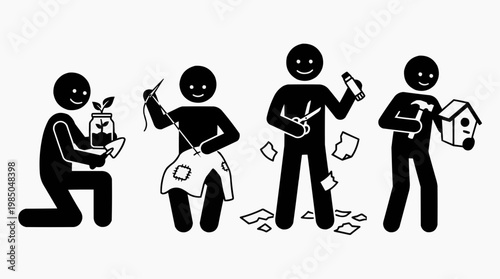 Four individuals depicted involved in various activities. One is tending to a plant, another is sewing, a third is cutting with scissors, and the last is constructing a birdhouse