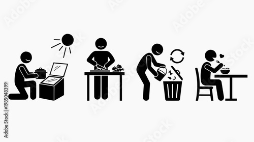A set of pictogram illustration of a man cooking food, cutting vegetables, binning waste and eating at the table. 