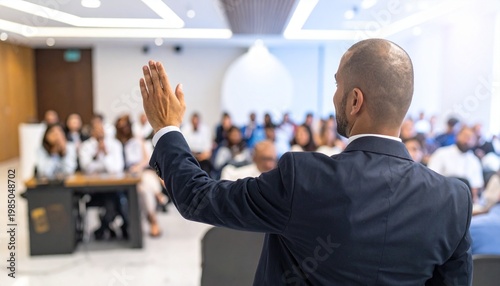 Man in Suit Raising Hand in Conference Room Audience.