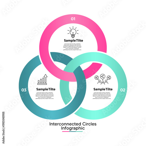 Interconnected circles infographic with 3 business step options, for web visuals, banners, annual reports, slides, marketing communications. Editable vector illustration