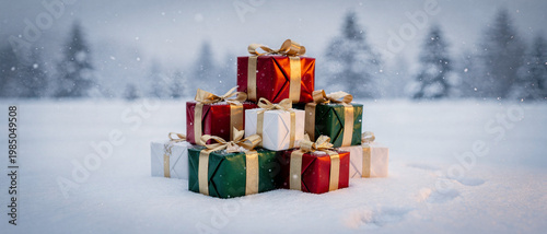 Colorful wrapped presents with bows set in winter landscape.