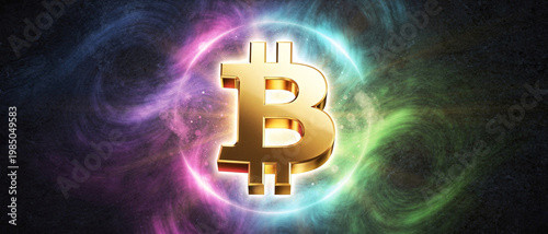 Golden Bitcoin symbol glows in cosmic swirls. Purple, green, and blue hues swirl around it. Background features deep space with starlight effects. Bright aura surrounds the iconic currency symbol
